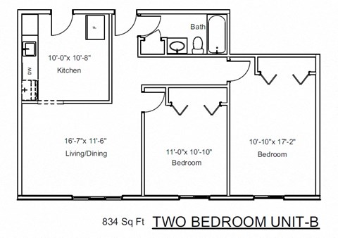 Floor plan for 2 beds, 1 bath, 740 sqft